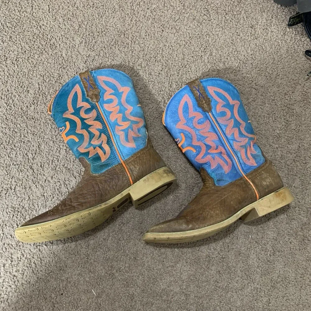 Twisted X YHY0001 Brown Blue Leather Neon Stitching Cowboy Boot Youth Size 4M